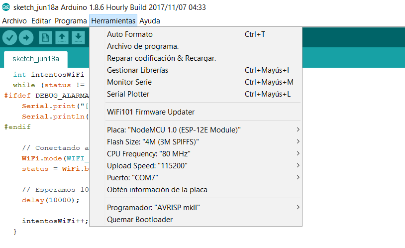 Opciones de configuración del IDE de Arduino para programar un módulo NodeMCU