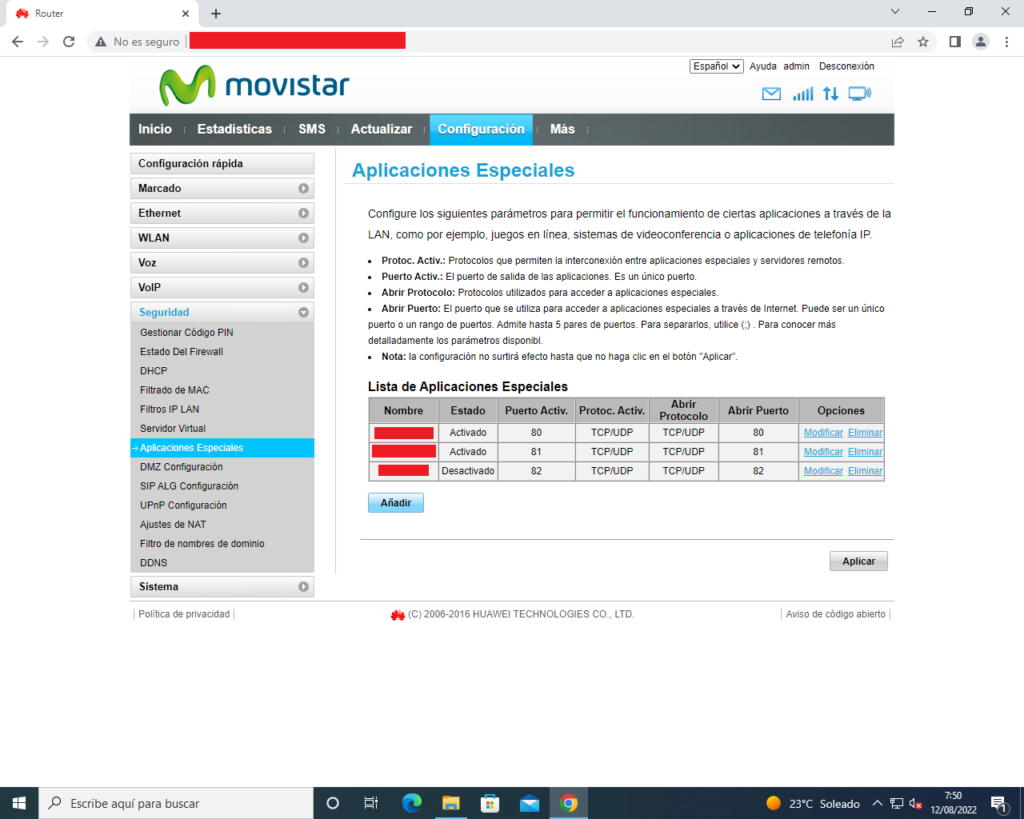 Panel de administración en router Huawei B315