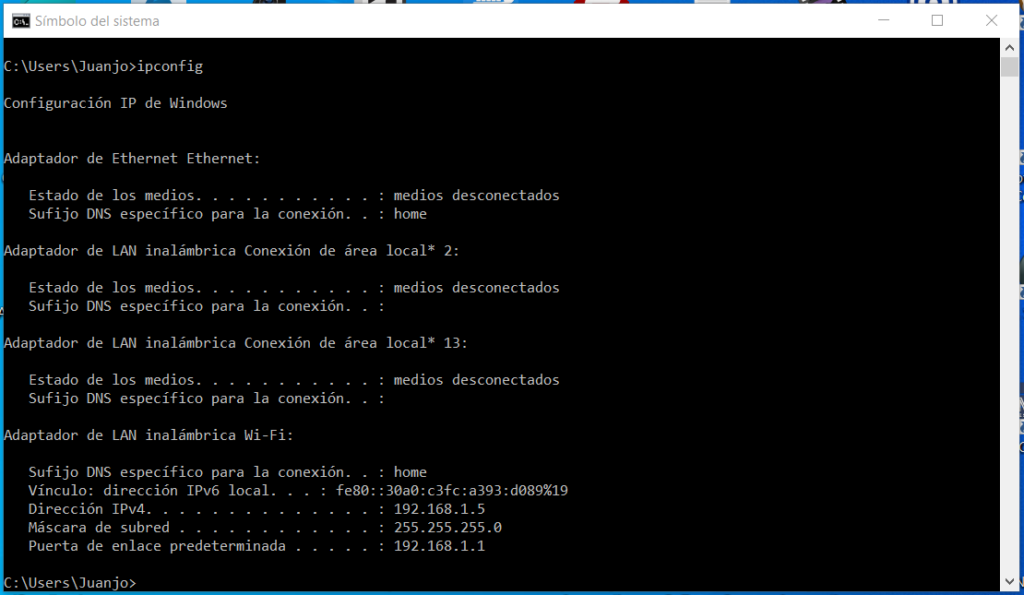 ipconfig en CMD