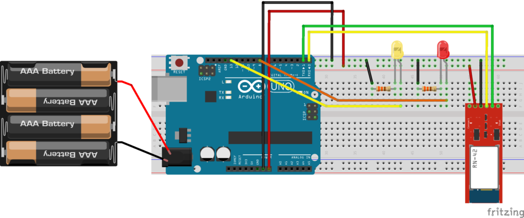 Esquema fritzing de un proyecto Arduino con comunicación bluetooth