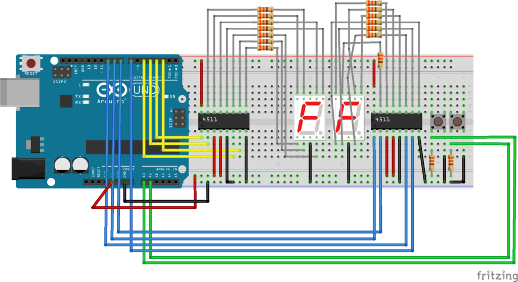 Diagrama en fritzing de un marcador electrónico hecho con Arduino y dos displays de 7 segmentos